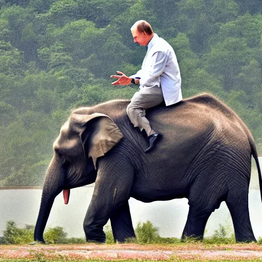 Image similar to Putin rides an elephant into epic battle against nuclear background