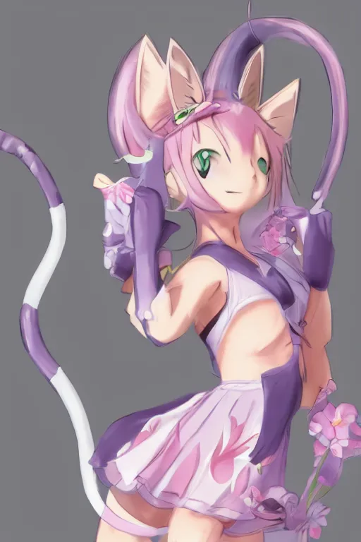 Image similar to muscular catgirl, nekomimi, athletic female form with cat ears and tail, graceful, flexible, wearing modest dress with pastel skirt