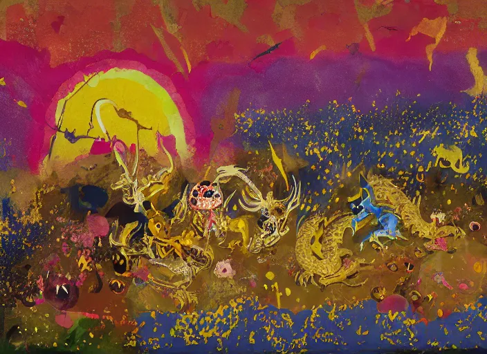 Image similar to expressionistic decollage painting golden armor alien zombie horseman riding on a translucent bone dragon broken rainbow diamond maggot horse in a blossoming meadow full of colorful mushrooms and golden foil toad blobs in a golden sunset, distant forest horizon, painted by Adrian Ghenie, Helen Frankenthaler, Danny Fox and Hilma af Klint, pixelated, semiabstract, color field painting, byzantine art, voxel art, pop art look, naive, outsider art. Mark Rothko painting, part by Philip Guston and Frank Stella art by Barnett Newman, 8k, extreme detail, intricate detail, masterpiece