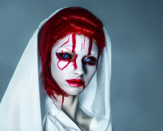 Prompt: a film still of a synthetic female human oracle wrapped in white cloth, beautiful, red eyes, tribal facepaint, neotokyo, cinematic lighting, high resolution, 4 k