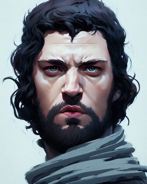 Image similar to portrait of raven male lord from game of thrones with dark hair and golden eyes, by atey ghailan, by greg rutkowski, by greg tocchini, by james gilleard, by joe fenton, by kaethe butcher, dynamic lighting, gradient light blue, brown, blonde cream and white color scheme, grunge aesthetic