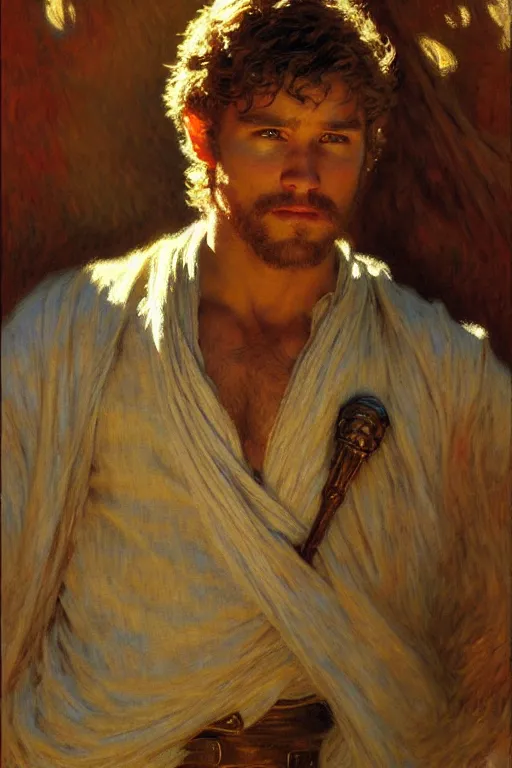 Prompt: attractive male, game of thrones, star wars, the lord of the rings, painting by, gaston bussiere, craig mullins, j. c. leyendecker, claude monet