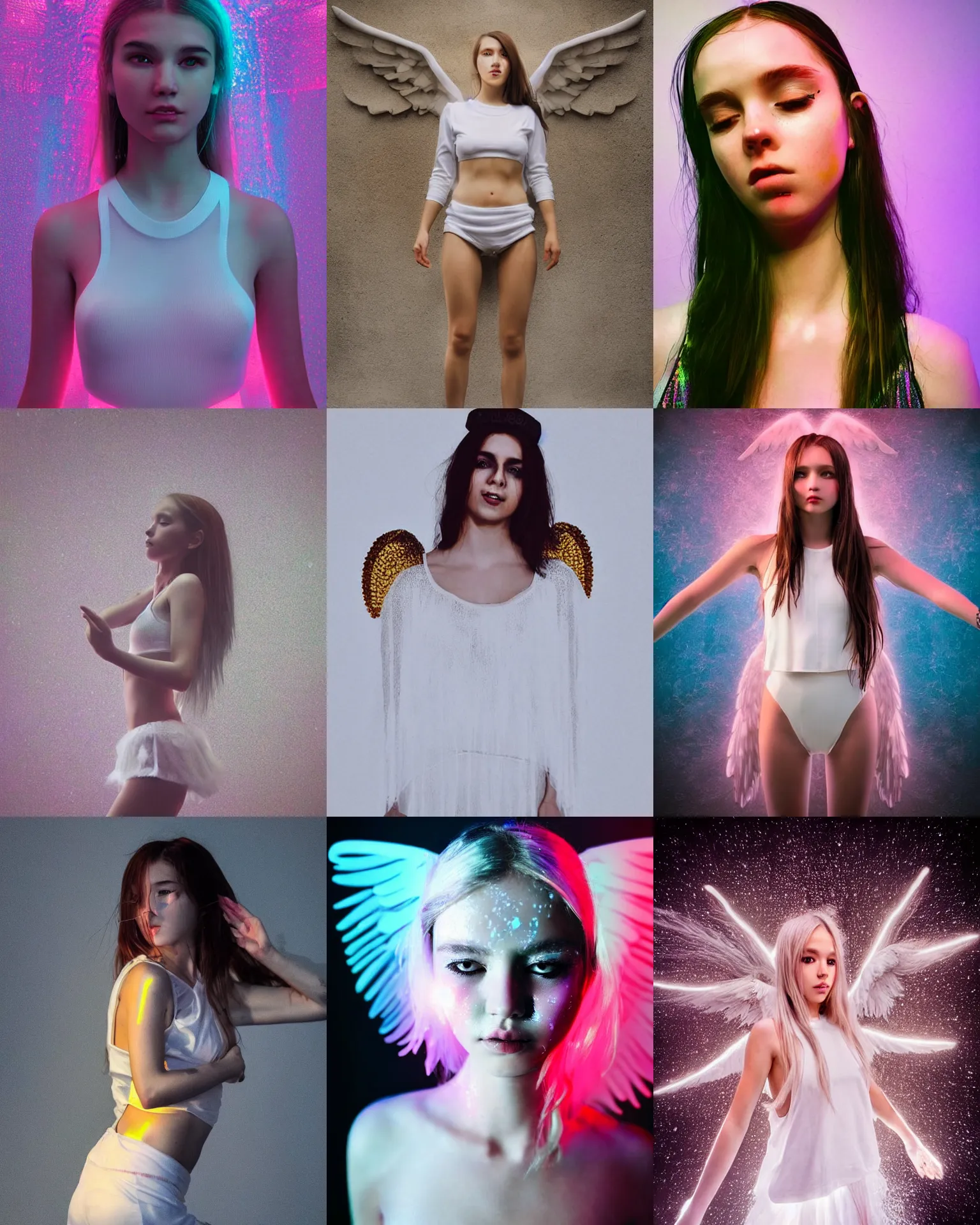 Prompt: centered medium shot fine studio photograph of an angel raver girl, ultra-realistic, white background, 8k HDR dusk light, sweaty, ig model, pinterest, tiktok girl,