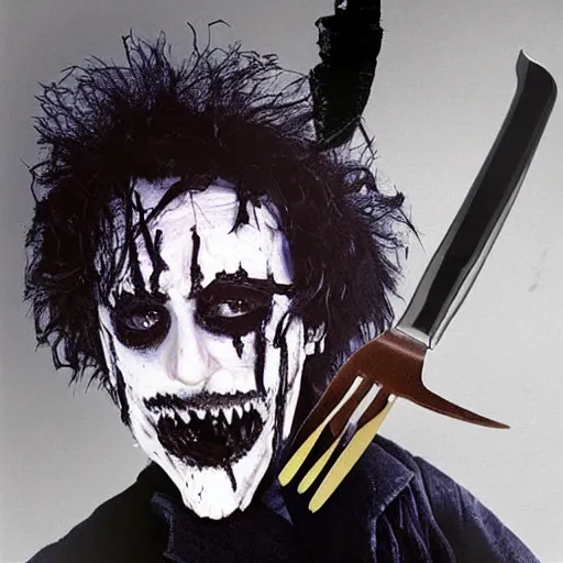 Image similar to Edward Scissor hands cast as Freddy Krueger, knives-for-fingers, knife-glove, burnt-face cover-art-poster-photograph-only