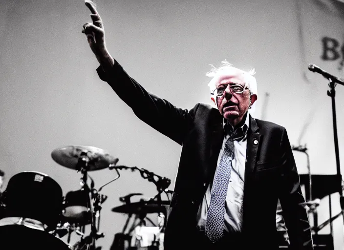 Image similar to publicity photo still of bernie sanders in a punk band playing live on stage, 8 k, live concert lighting, mid shot