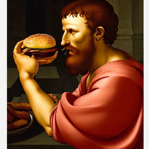 Prompt: portrait of god eating hamburgers, ethereal, handsome, fresco, art by michelangelo, d & d, fantasy, intricate, elegant, highly detailed