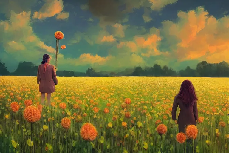 Image similar to giant thistle flower head, girl in suit in field of flowers, surreal photography, sunrise, blue sky, dramatic light, impressionist painting, digital painting, artstation, simon stalenhag