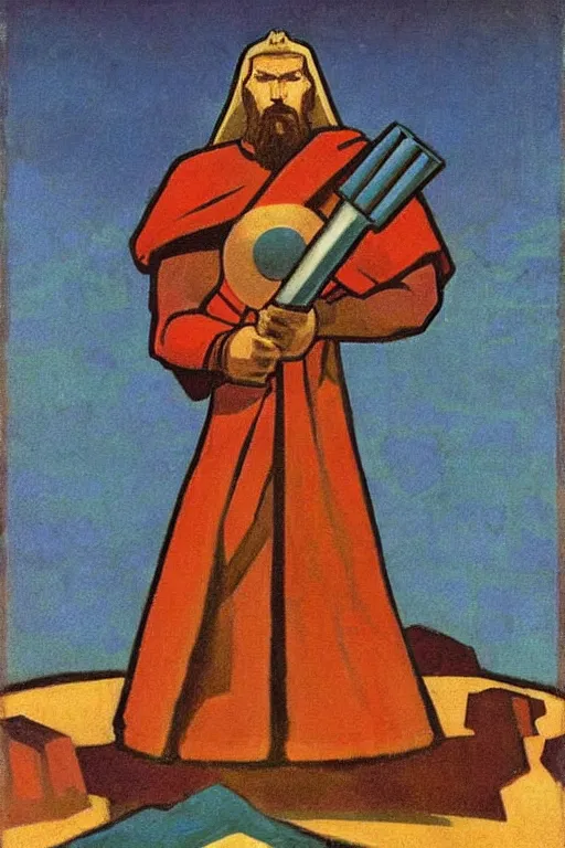 Image similar to thor with hammer, marvel, artwork by nicholas roerich,