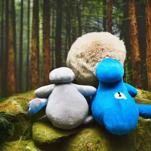 Image similar to blue'snappy gifts'plush, mascot, in magical forest, gifts, dark atmosphere, high detail, soft lighting, 8 k