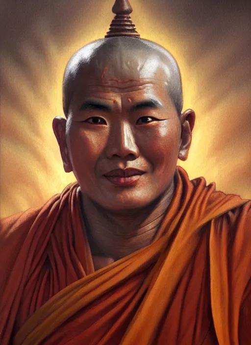 Image similar to smart tai buddhist monk, sukothai, closeup portrait, without eyebrows, historical hero, ethnic group, tai costume, intricate, elegant, loin cloth, highly detailed, oil painting, artstation, concept art, matte, sharp focus, illustration, hearthstone, art by earl norem