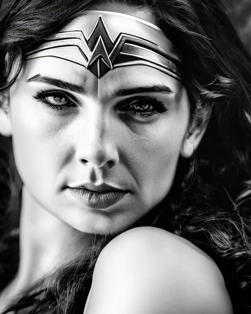 Image similar to tired angry wonderwoman portrait hd sharp monochrome technoir photo with mix of gal Gadot and Linda Carter in frank Miller Alex Ross style detailed trending on Flickr Leica Zeiss depth of field