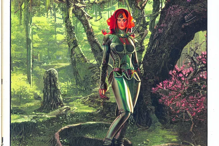 Image similar to 1979 OMNI Magazine Cover of a female Druidic elf with armor by a cherry tree in a Neo-Tokyo garden in cyberpunk style by Vincent Di Fate