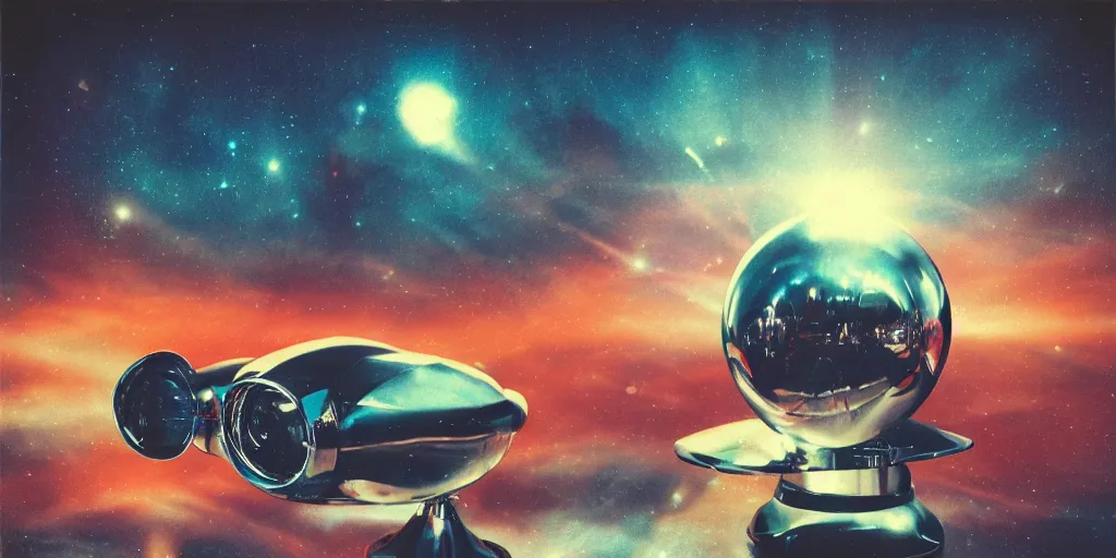 Prompt: analog polaroid portrait of a chrome spacecraft, Hajime Sorayama, sheen, red reflections, unreal engine, azure sky, big clouds visible, sunlight, reflection, sparkles, space, stars, nebula, lensflare, film grain, depth of field, color bleed