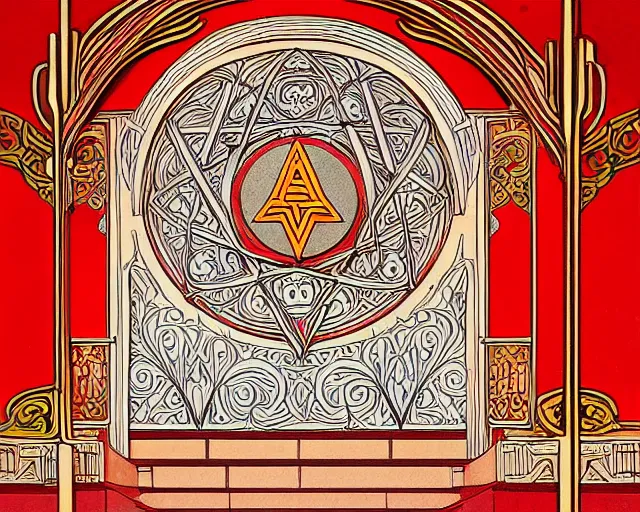 Image similar to symmetrical mural painting from the early 1 9 0 0 s in the style of art nouveau, red curtains, art nouveau design elements, art nouveau ornament, opera house architectural elements, mucha, masonic symbols, masonic lodge, joseph maria olbrich, simple, iconic, masonic art, masterpiece