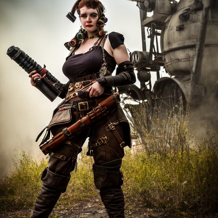 Prompt: full length photo of a real - life beautiful dieselpunk warrior with weapons, 8 k, hdr, smooth, sharp focus, high resolution, award - winning photo