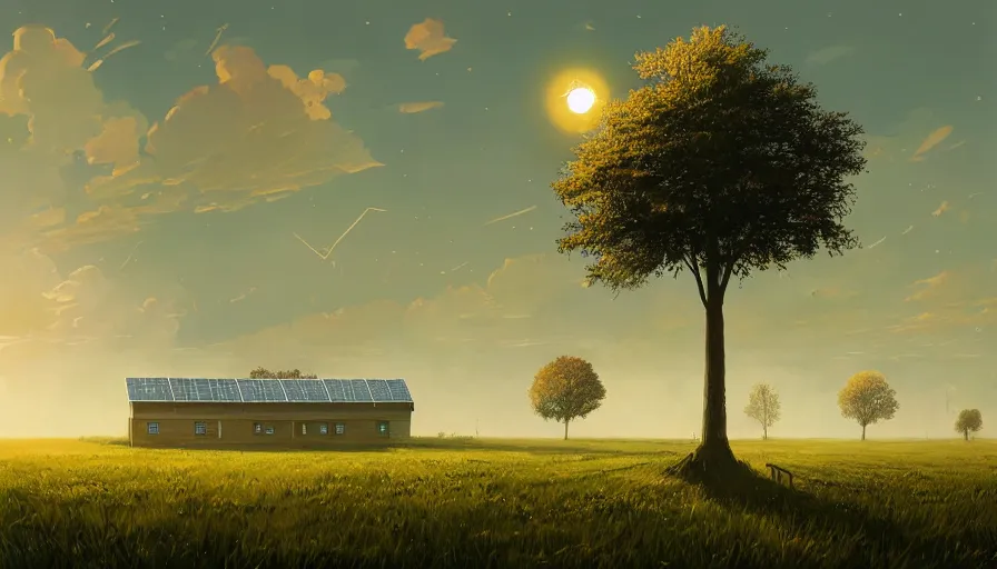 Image similar to open field with solar panels, sun in the sky, early morning, single tree, farmhouse, simon stalenhag