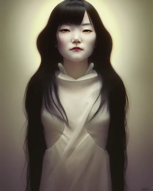 Image similar to touka a japanese woman, half body portrait, long black hair, playful smile, female beauty, symmetrical face hyperrealism, backlit, pastel color gradients, by keathe butcher and joe fenton and greg rutkowski, soft lighting, sharp details