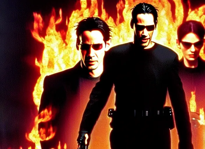 Image similar to A photo of Keanu Reeves as Neo in The Matrix movie doing a thumb up to the camera in front on burning servers, servers in flames in the background, doing a thumb up, uncropped, full body, crispy, ultra detailed, cinematic