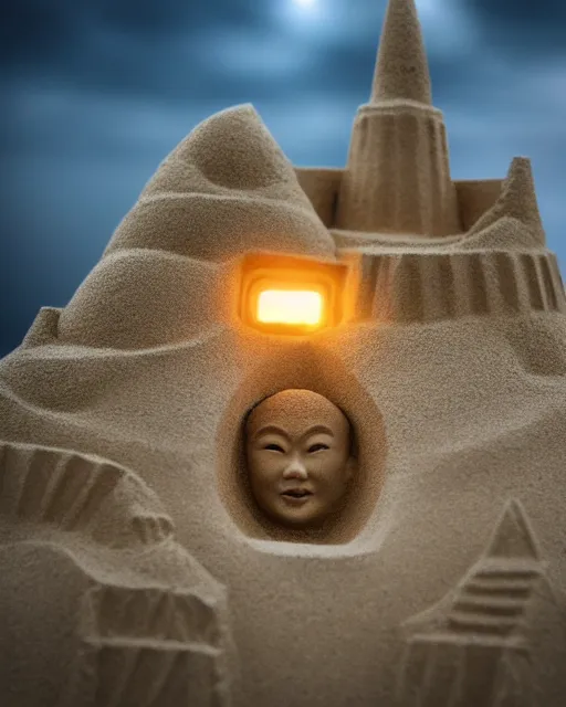 Prompt: a detailed sandcastle with the face of justin sun, beautiful composition, cinematic lighting, vibrant epic