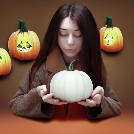 Prompt: A white girl with dark brown hair in lab coat lives inside a magical japanese hokaido pumpkin, hyperrealistic digital art