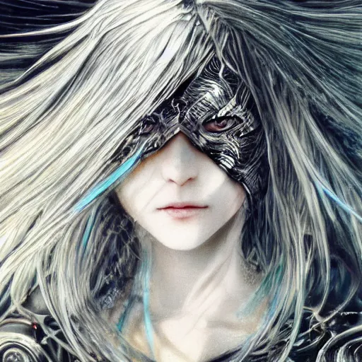 Image similar to Yoshitaka Amano realistic illustration of an anime girl with wavy white hair fluttering in the wind and cracks on her face wearing Elden ring armour with the cloak, abstract black and white patterns on the background, noisy film grain effect, highly detailed, Renaissance oil painting, weird portrait angle