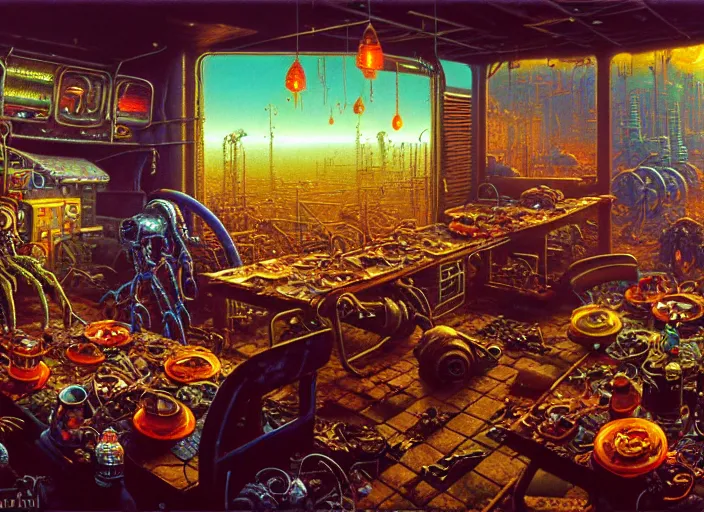 Prompt: junkys in restaurant, cybertronic gadgets, durty colours, rotten textures, rusty shapes, biotechnology, dariusz zawadzki, tim hildebrandt, wayne barlow, bruce pennington, larry elmore, oil on canvas, deep depth field, masterpiece, cinematic composition, hyper - detailed, hd, hdr