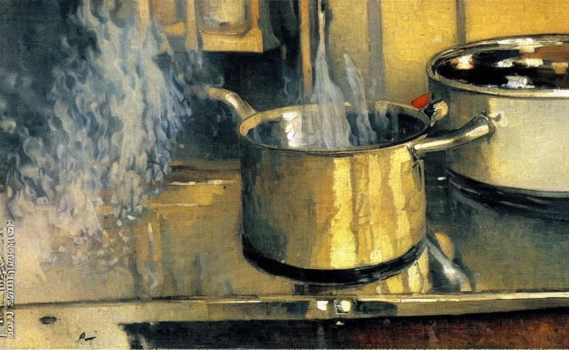Prompt: a closeup of a pot of boiling water on a stove, stanhope forbes, david bomberg, impressionist painting