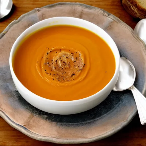 Prompt: Pumpkin soup. Award winning home style recipe. Cookbook photo