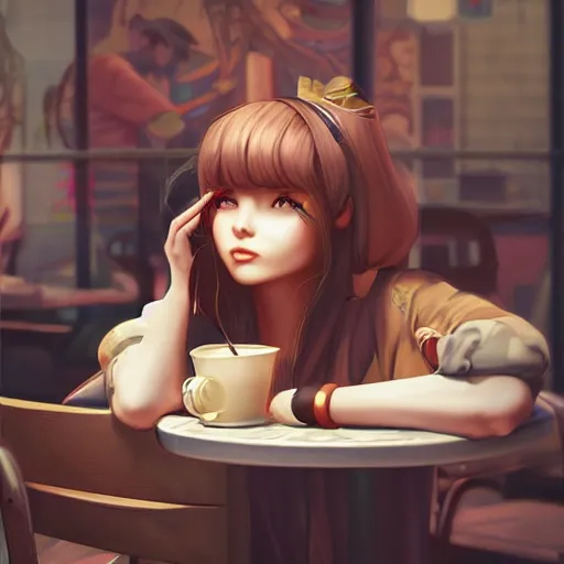 Image similar to lofi girl in the cafe, stylized, artgerm, artstation, hd, cgsociety, cgi, realistic, dramatic, cinematic, artistic, trending, detailed