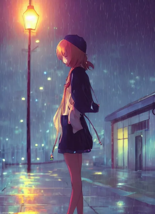 Prompt: listening to music at 2 am, night, pretty girl, pose, rain, lofi, lofi, peaceful, street light, anime key visual, poster, street wears, anime, by ghibli, ghibli studio high quality, 4 k, trending, trending on artstation