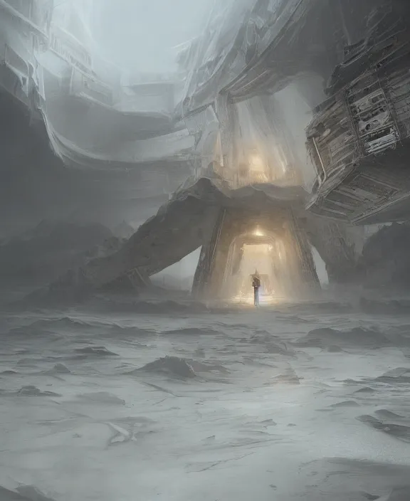 Image similar to surreal epic, masterpiece, romantic prometheus white exploration base, ancient ochre palette, building architecture by ruan jia, mecha floor, futuristic, blame, white architecture in the beach in iceland, foggy, highly detailed, digital painting, arstation, concept art, hyperealistic octane render, unreal engine
