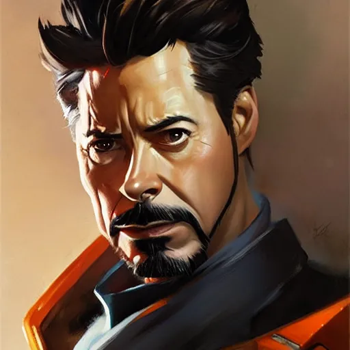 Image similar to greg manchess portrait painting of tony stark as overwatch character, totally whack, medium shot, asymmetrical, profile picture, organic painting, sunny day, matte painting, bold shapes, hard edges, street art, trending on artstation, by huang guangjian and gil elvgren and sachin teng