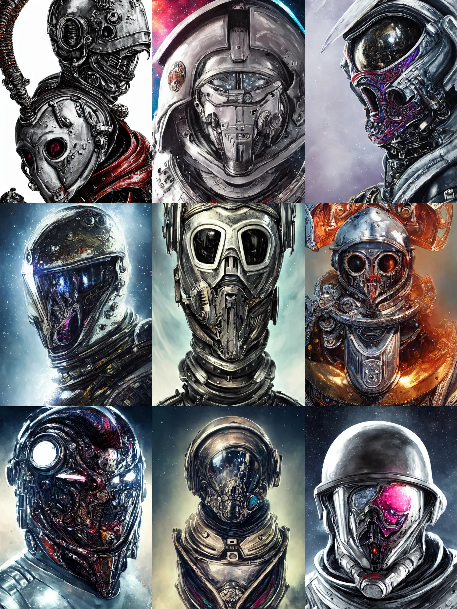 Image similar to portrait art of 8k ultra realistic undead retro futuristic astronaut vampire king , galaxy reflected in helmet , detailed intricate ornate armour,corrupted, cybernetic, full of colour, cinematic lighting, battered, trending on artstation, 4k, hyperrealistic, focused, extreme details,unreal engine 5, cinematic, masterpiece, art by ayami kojima, giger