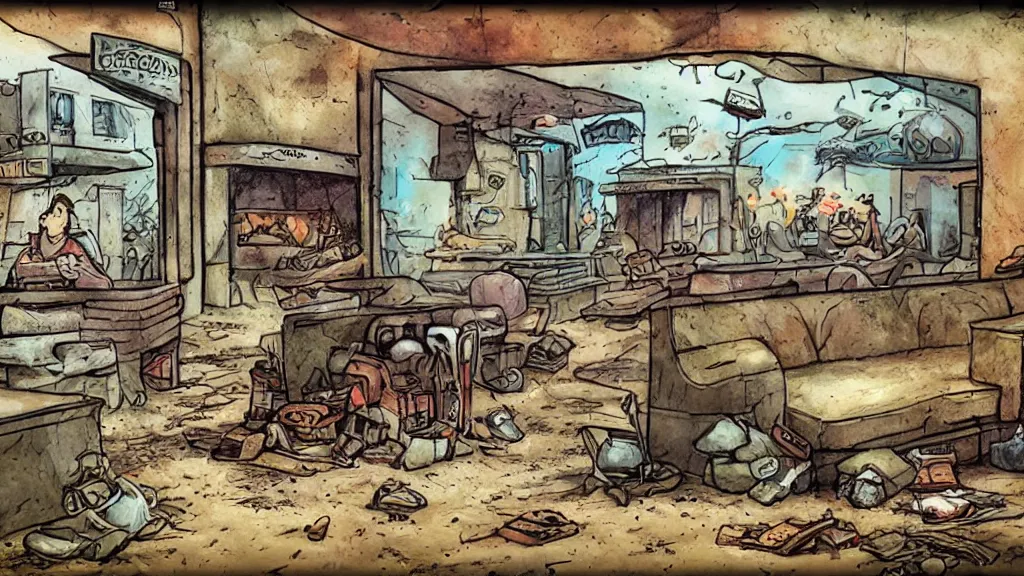 Prompt: storybook illustration signed dugout abandoned fastfood restaurant, postapocalypse, cinematic