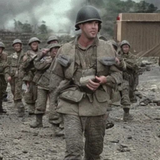 Image similar to movie still from saving private ryan with giant heads