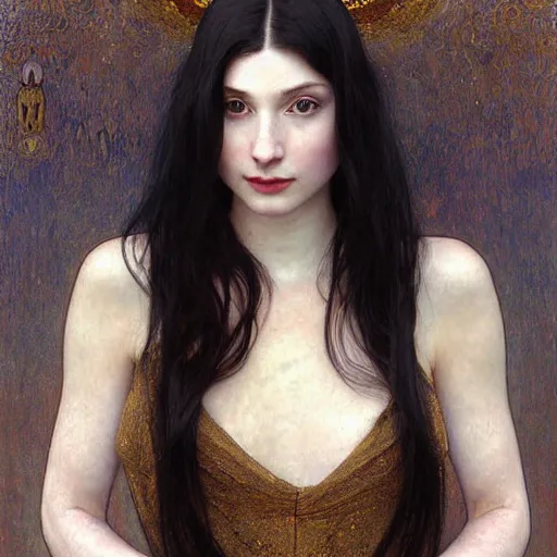 Image similar to Portrait of a beautiful, pale skin, female with long black hair, dark brown eyes, smiling, elegant clothing, photorealistic, highly detailed oil painting, artstation, smooth, sharp focus, art by Klimt, artgerm, Greg Rutkowski and Alphonse Mucha, natural light, Adobe Lightroom, photolab, Affinity Photo, PhotoDirector 365, artstation