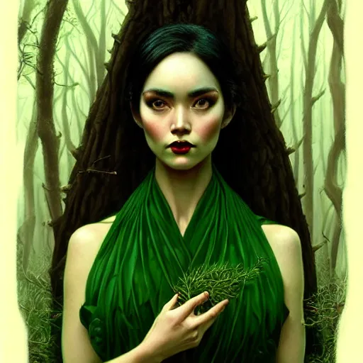 Prompt: gorgeous female Jade Tailor, realistic character concept, black hair, symmetrical face symmetrical eyes, green dress, forest, trees, medium shot, shorter neck, illustration, cinematic lighting, artgerm, Tom Bagshaw, Norman Rockwell, insanely detailed and intricate, beautiful