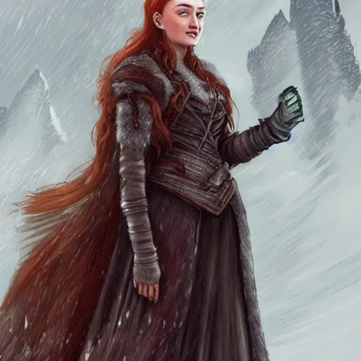 Image similar to full body portrait of sansa stark, detailed, exquisite, at winterfell, artstation