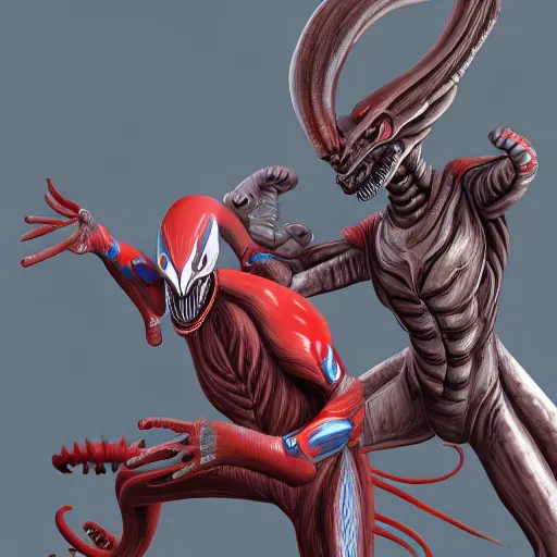 Prompt: Ultraman is digging on Xenomorph's back, digital art,high detailed,fine art,trending on Artstation.