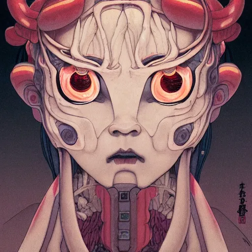 Image similar to prompt : yokai portrait soft light painted by james jean and katsuhiro otomo and erik jones, inspired by evangeleon anime, smooth face feature, intricate oil painting, high detail illustration, sharp high detail, manga and anime 1 9 9 9