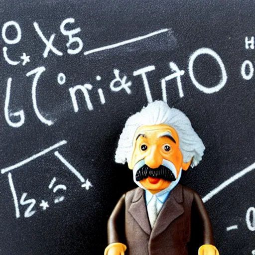 Image similar to claymation miniature scene of albert einstein standing in front of miniature blackboard with lots of mathematical formulas chalked on