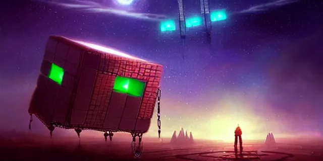 Image similar to a fleet of giant glowing futuristic cubes tied to each other with chains in the sky, a fantasy magical landscape seen in the distance, atmospheric lighting, intricate, volumetric lighting, beautiful, sharp focus, ultra detailed, in the art style of marc simonetti, bowater charlie and brom gerald, astrophotography