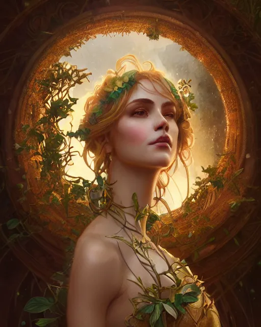 Image similar to dryad, perfect face, gold waistcoat, cinematic, stunning, highly detailed, digital painting, artstation, smooth, hard focus, illustration, art by artgerm and greg rutkowski and alphonse mucha