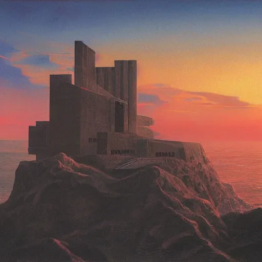 Prompt: painting of of brutalist fascist cyberpunk Japanese castle on the Oregon Coast cliffs at sunset by Zaha Hadid, Beksinski, Moebius, and Rutkowski