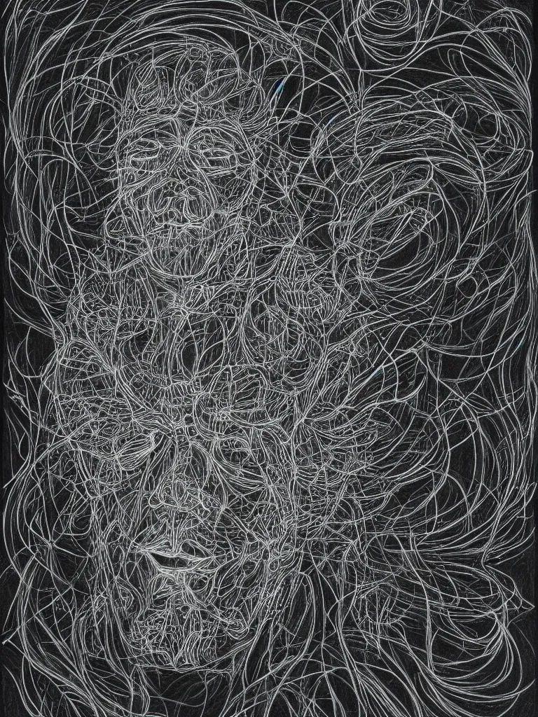 Prompt: portrait of alan watts, fractal floral pattern, neon pencil on black paper