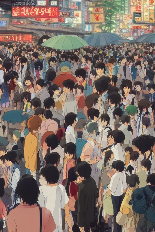 Image similar to Still from Studio Ghibli movie 'Lost in Crowded Tokyo', very detailed, focused, oil painting, colorful, canvas, artstation, Antoine Pierre Mongin