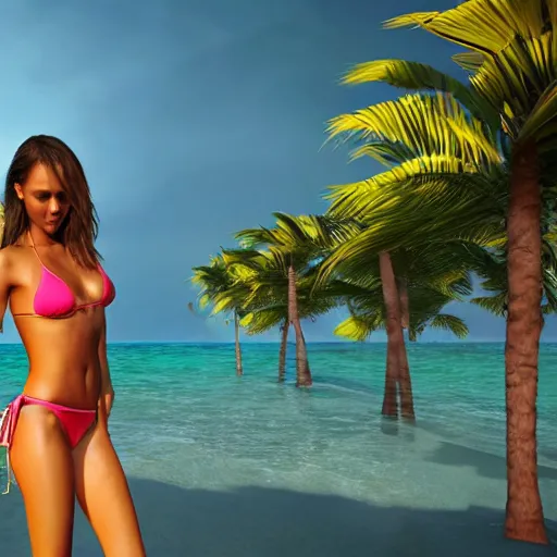 Prompt: jessica alba, hot, bikini, wet skin, miami, beach, 8 k ultra realistic, lens flare, atmosphere, glow, detailed, intricate, full of colour, led lighting, 4 k, hyperrealistic, focused, extreme details, unreal engine 5, masterpiece