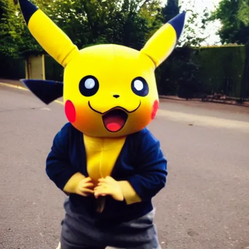 Image similar to a kid dressed up as pikachu zaps his dad