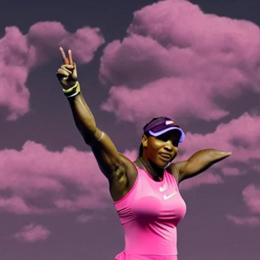 Image similar to Serena Williams as the Nike Goddess of Victory in pink clouds