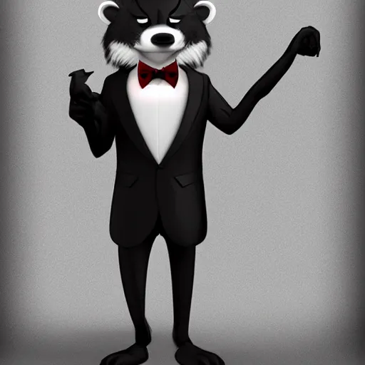 Prompt: anthropomorphic furry badger wearing a tuxedo, Artstation